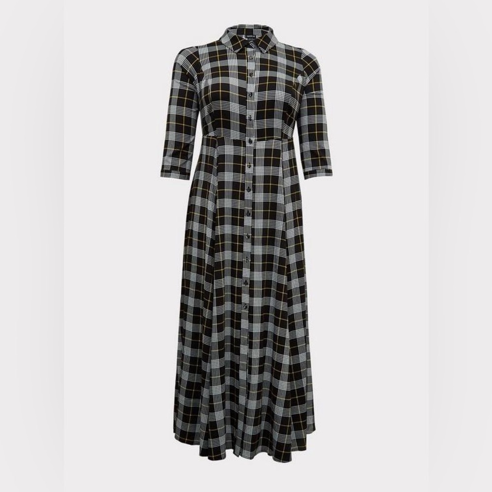 Torrid Plaid Maxi Shirt Dress Duster Long Sleeve Yellow Black White - Sz 2 - Picture 16 of 16